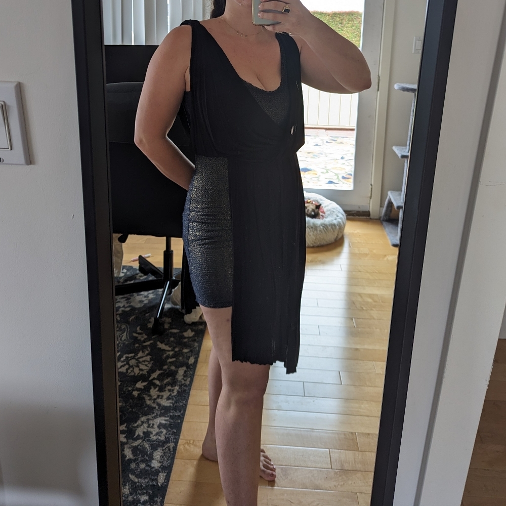 Free people shimmer bodycon with grecian jersey overlay navy blue dress medium